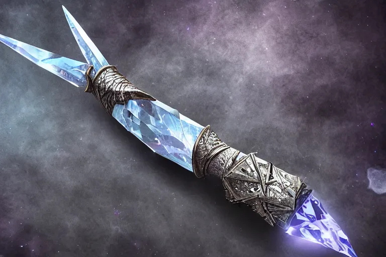 Image similar to A crystal dagger shimmers with an unnatural light, it had been enchanted by a skilled sorcerer, D&D fantasy setting, 4k