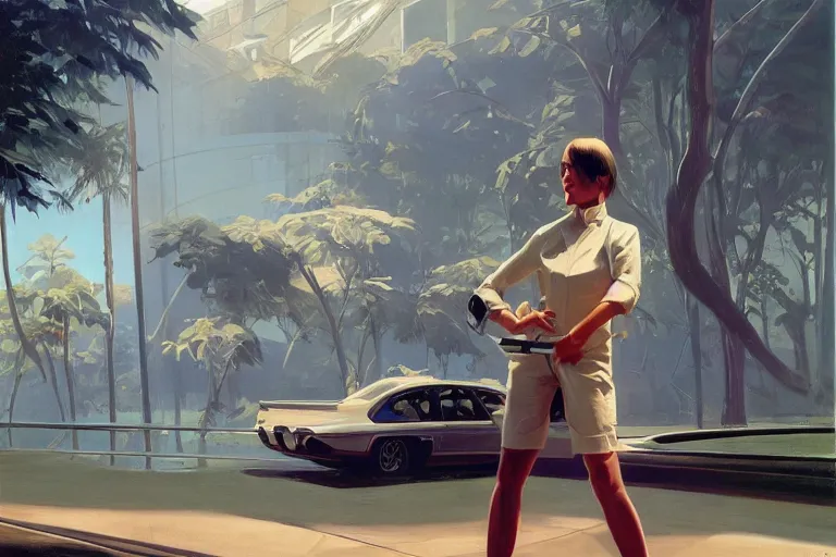 Image similar to natural landscape | cute cyborg standing in front of, painting by syd mead, highly detailed, rule of third, soft lighting, 8 k resolution, oil on canvas, architectural magazine, beautiful detailed, insanely intricate details, artstation trending