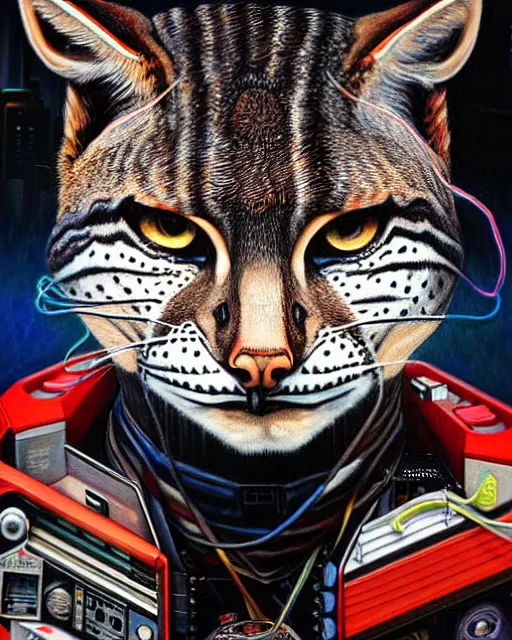 Image similar to a portrait of an anthropomorphic cyberpunk bobcat by sandra chevrier, by jon foster, detailed render, tape deck, epic composition, cybernetics, 4 k realistic, cryengine, realistic shaded lighting, sharp focus, masterpiece, by enki bilal