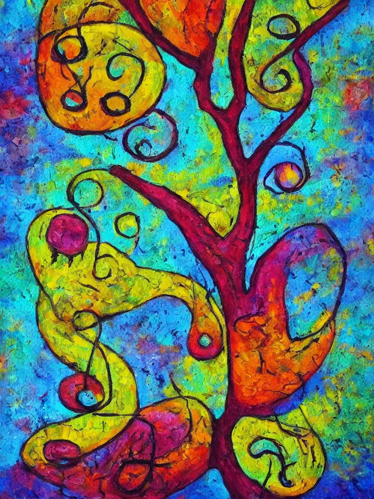 Image similar to an oil painting of an acorn that turns into a tree in the shape of a treble clef with a few scars on the tree, bursts of color, inspire and overcome