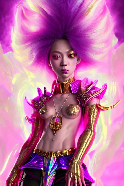 Image similar to hyperdetailed portrait of a stunningly beautiful pink female androgynous wizard guard made of iridescent metals and shiny purple gems, bright rainbow nimbus, golden necklace, inspired by ross tran and wlop and masamune shirow and kuvshinov, concept art, intricate, photorealistic, octane render, rtx, hdr, unreal engine, dnd digital art by artgerm