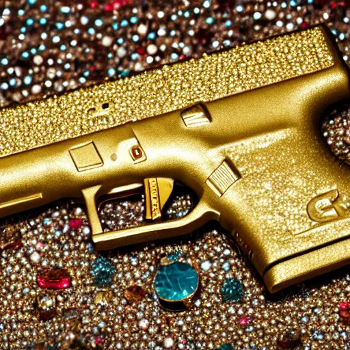 Prompt: a medium shot photograph of a gold glock 18 encrusted with gemstones against a silk background