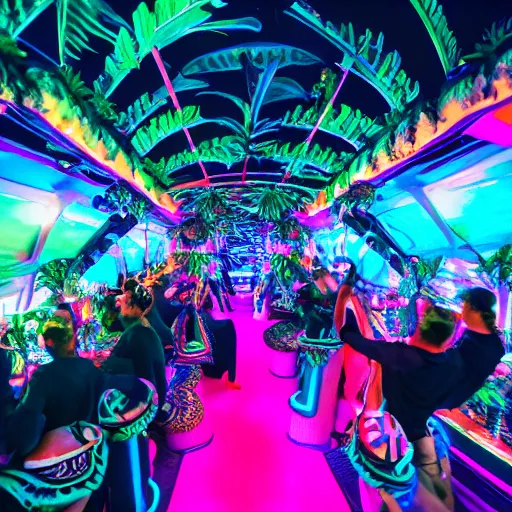 Image similar to vice media photo, inside a crowded luxury stylish high-end gorgeous intricate highly-themed synthwave tiki party onboard a yacht with low ceilings, tropical plants, neon lights, blue color scheme with pink and orange accents, crowd of people dancing, ultra-detailed, 8k, photorealistic