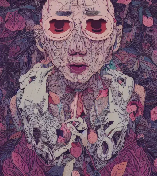 Prompt: portrait, nightmare anomalies, leaves with a knife by miyazaki, violet and pink and white palette, illustration, kenneth blom, mental alchemy, james jean, pablo amaringo, naudline pierre, contemporary art, hyper detailed