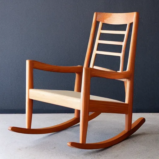 Prompt: a beautiful modern light wood rocking chair | detailed furniture | handmade minimalistic chair / dining chair / modern / mid century modern / hardwood / lounge