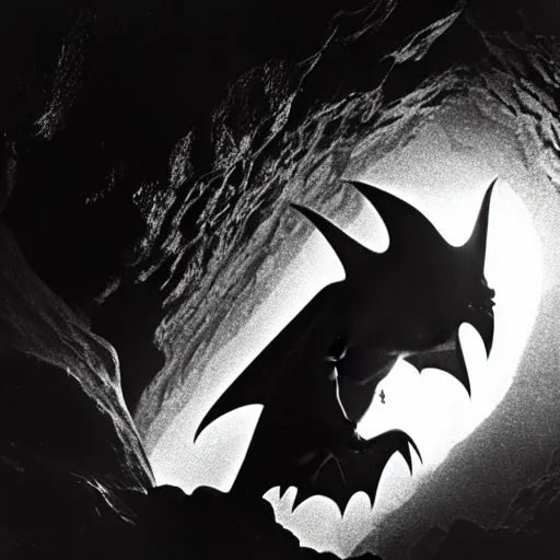 Image similar to a close - up, black & white studio photographic portrait of a loud screeching giant, bat - like creature flying towards you, you are exploring an alien planet and come across a strange, dark cave, dramatic backlighting, 1 9 7 3 photo from life magazine, by keith thompson,