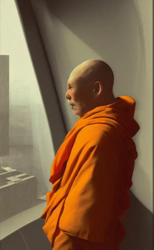 Image similar to portrait of a blind monk in a spaceship, looking out the window at a planet, orange robe, dramatic lighting, artstation, matte painting, johannes vermeer