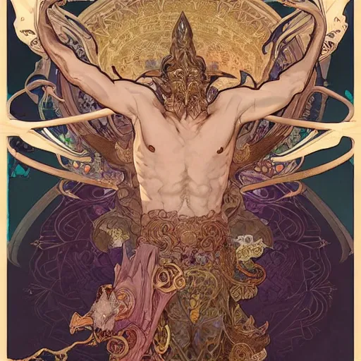 Image similar to beautiful baphomet king, left hand up, right hand down, ad above so below, with wings and tentacles worshiping, artstation by alphonso mucha and jean giraud and craig mullins and ian mccaig and feng zhu and peter mohrbacher