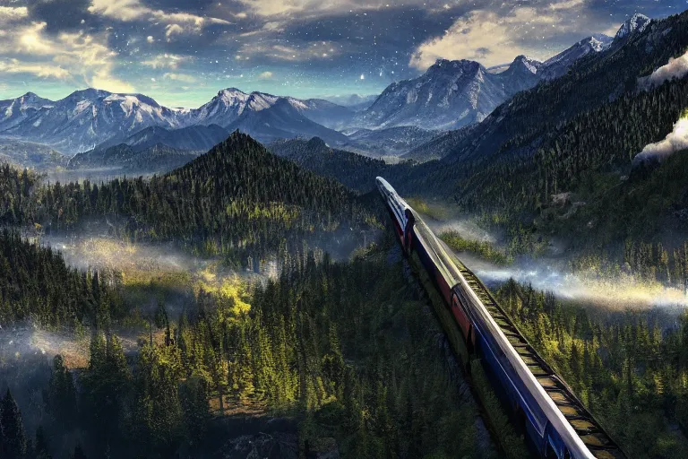 Prompt: a stunning aerial shot of beautiful mountains towering over a vast landscape, with a train from the 8 0 s tearing through the fabric of the universe, digital art, realistic, 4 k wallpaper