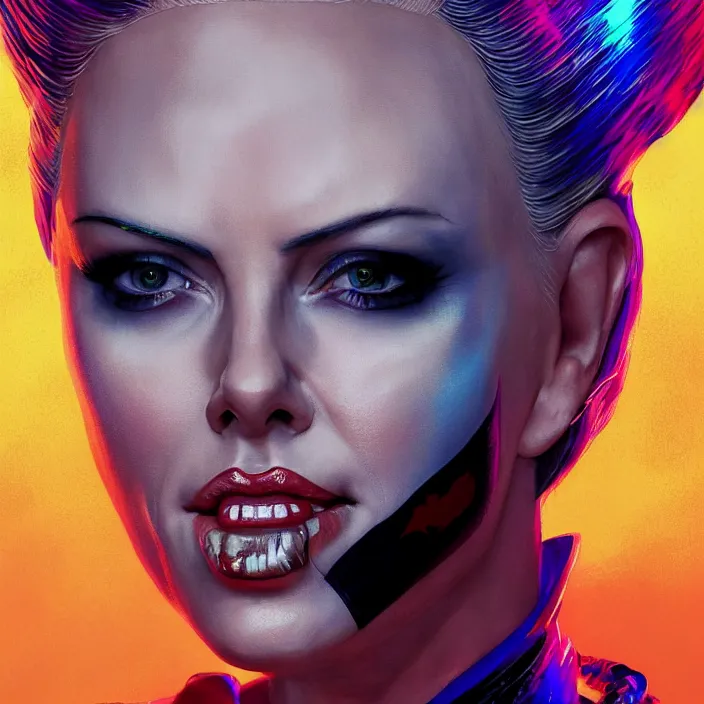 Image similar to portrait of Charlize Theron as a harley quinn. intricate abstract. intricate artwork. by Tooth Wu, wlop, beeple, dan mumford. octane render, trending on artstation, greg rutkowski very coherent symmetrical artwork. cinematic, hyper realism, high detail, octane render, 8k, iridescent accents