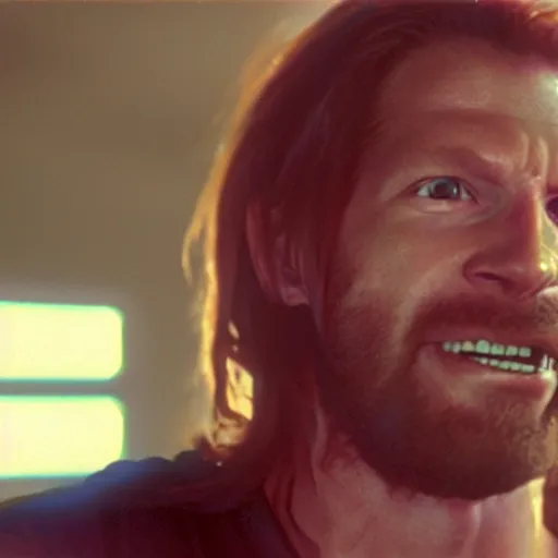 Image similar to a vhs still portrait of aphex twin breaking into the office from a gritty cyberpunk 2 0 0 0 s james cameron movie about the terminator. realism, cinematic lighting, 4 k. 8 mm. grainy. panavision.