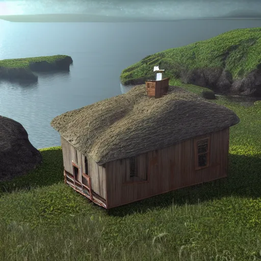 Prompt: house on the island rock, unreal engine, high detail, realism, award winning, detailed lighting, view above