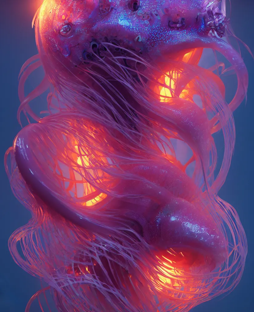 Image similar to goddess close-up portrait. orchid jellyfish phoenix head, nautilus, skull, betta fish, bioluminiscent creatures, intricate artwork by Tooth Wu and wlop and beeple. octane render, trending on artstation, greg rutkowski very coherent symmetrical artwork. cinematic, hyper realism, high detail, octane render, 8k