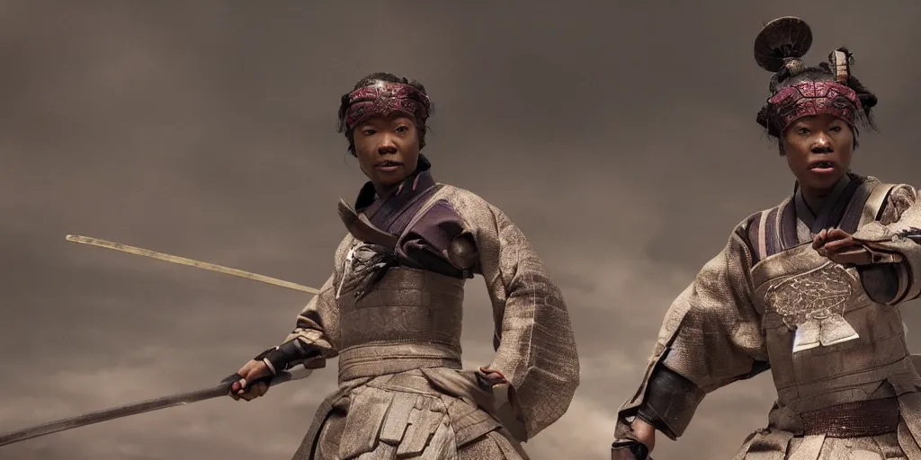 Image similar to a film still of a black woman starring in a japanese blockbuster film as ancient samurai, levitating mid air, intense, shallow depth of field, cinematic, award winning cgi, vfx, film still