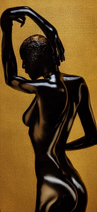 Image similar to perfect female body silhouette, liquid sculpture, astral clockwork, abstract shapes, photorealism, beautiful portrait, golden and black latex mixture, black ink