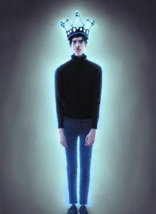 Image similar to portrait of teenage jughead jones wearing a light grey crown, crown, blue turtleneck, closed eyes, photorealistic, black hair, glowing lighting, intricate, elegant, glowing lights, highly detailed, digital painting, artstation, concept art, smooth, sharp focus, illustration, art by wlop, mars ravelo and greg rutkowski