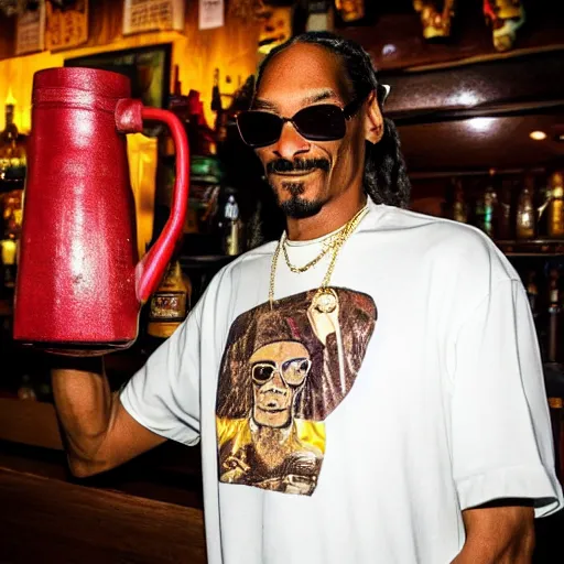 Image similar to snoop dogg at trader vic's bar holding a tiki mug with his face on it