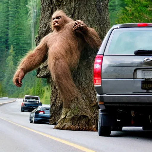 Image similar to Sasquatch tossing a big tree onto highway traffic