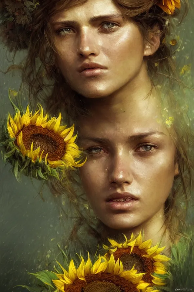 Image similar to close face portrait of a female ukraine soldier with a sunflower in her hair, summer season, moody scene, highly detailed, intricate, sharp details, summer vibe, gorgeous scene by gaston bussiere, craig mullins, somber lighting, drawn by giacomo burattini, inspired by graphic novel cover art, hyperrealistic, 8 k by rhads