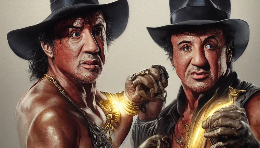 Image similar to sylvester stallone as indiana jones holding a whip in left hand and holding a golden mayan skull in the right hand, grey background, hyperdetailed, artstation, cgsociety, 8 k