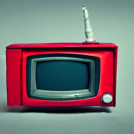 Prompt: old tv showing red background with a white arrow