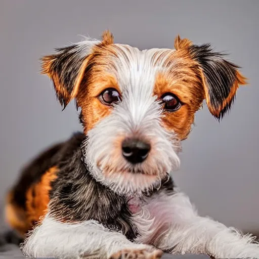 Image similar to a high quality photograph of a scruffy wire haired jack russell terrier puppy, white with chocolate brown spots, brown patches over both eyes. friendly, curious expression.