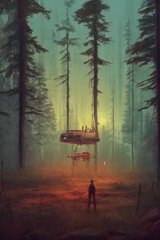 Image similar to Human, Simon Stalenhag in forest clearing style, trends on artstation, artstation HD, artstation, unreal engine, 4k, 8k