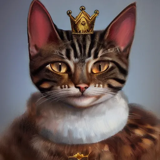 Prompt: portrait painting of a humanoid cat king with a crown, artstation, detailed, ghost