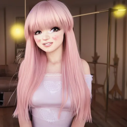 Image similar to Render of Nikki from Shining Nikki Dress-Up Game, a cute 3D young woman, long light pink hair, full bangs, full round face, hazel amber eyes, pale skin, cute freckles, light blush, Chinese heritage, smiling softly, wearing casual clothing, interior lighting, cozy living room background, medium shot, mid-shot, hyperdetailed, trending on Artstation, Unreal Engine 4k