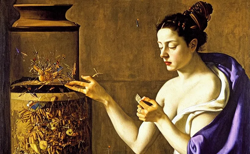 Prompt: a painting of pandora opening her jar, releasing insects and critters that impersonate sickness and death, misery, she is fully dressed in robes in the style of realism and a masterpiece by artemisia gentileschi