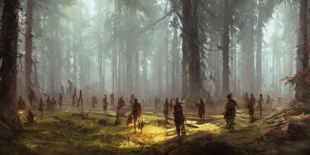 Prompt: High quality painting of a forest tribe by Greg Rutkowski and Thomas Kinkade, Trending on Artstation