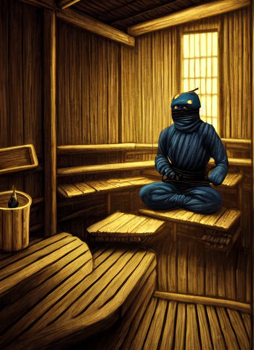 Image similar to ninja in finnish sauna, backround dark, highly detailed, digital illustration, trending in artstation, modern painting, smooth, sharp focus, intricate, einar jonsson, ilya repin