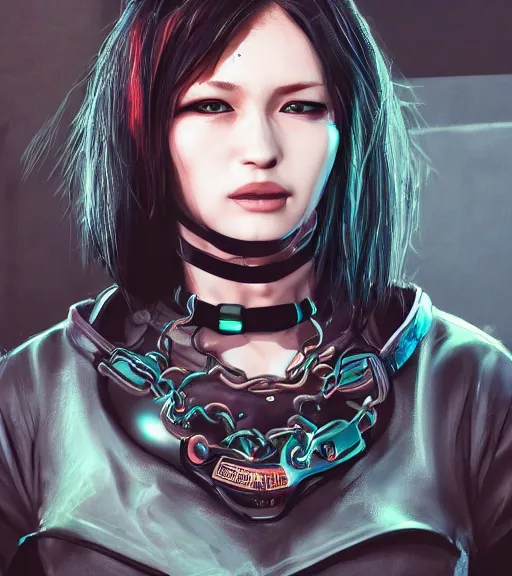 Image similar to detailed realistic female character cyberpunk wearing thick steel collar around neck, realistic, art, beautiful, 4K, collar, choker, collar around neck, punk, artstation, detailed, female, woman, choker, cyberpunk, neon, punk, collar, choker, collar around neck, thick collar, tight around neck, punk,