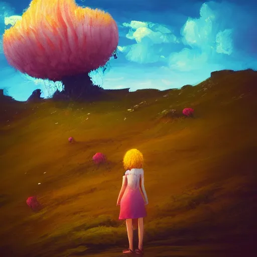 Image similar to closeup, giant flower head, girl standing on cliff, surreal photography, sunrise, blue sky, dramatic light, impressionist painting, digital painting, artstation, simon stalenhag