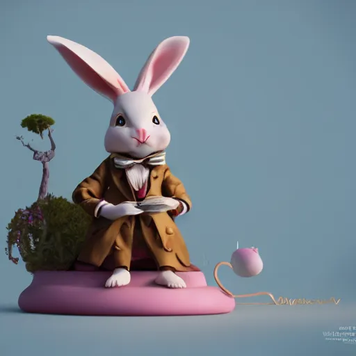 Image similar to rabbit checking pocket watch doll figurine, alice in wonderland theme, octane render 8 k, disney inspired landscape, artstation, cinematic lighting, hd, ultra realistic