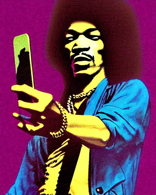 Image similar to grunge rock jimi hendrix taking a selfie with his iphone, instagram, tiktok, postmodern surrealist concert poster, grainy poster art, hand drawn matte painting by lynd ward and gary houston, smooth, sharp focus, extremely detailed, 5 0 mm.