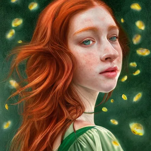 Image similar to a highly detailed, hyper realistic, portrait with torso of a red haired young woman, among wonderful golden fireflies, long hair, green eyes, hint of freckles, round gentle face, cheeky smile, white romantic dress with intricate details, deep focus, elegant, digital painting, smooth, sharp, golden ratio, illustration, art by artgerm and caravaggio