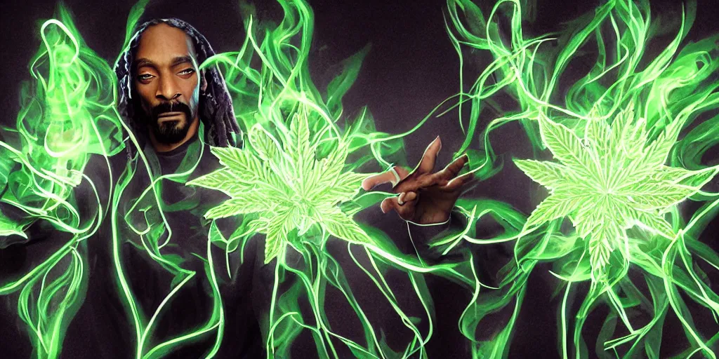 Prompt: snoop dogg doctor strange, smoke weed, marijuana, marijuana leaves, green light, highly detailed, environmental light, cinematic by francis tneh