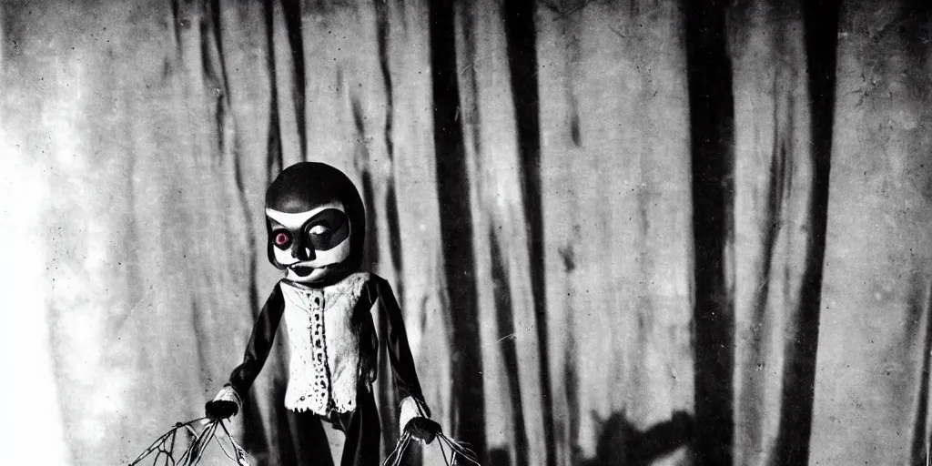 Prompt: 1 9 7 0 s female alive, eerie, creepy masked marionette puppet, other mother, the legend of the beldam, unnerving, clockwork horror, pediophobia, lost photograph, dark, forgotten, final photo found before disaster, realistic, vintage noir, polaroid,