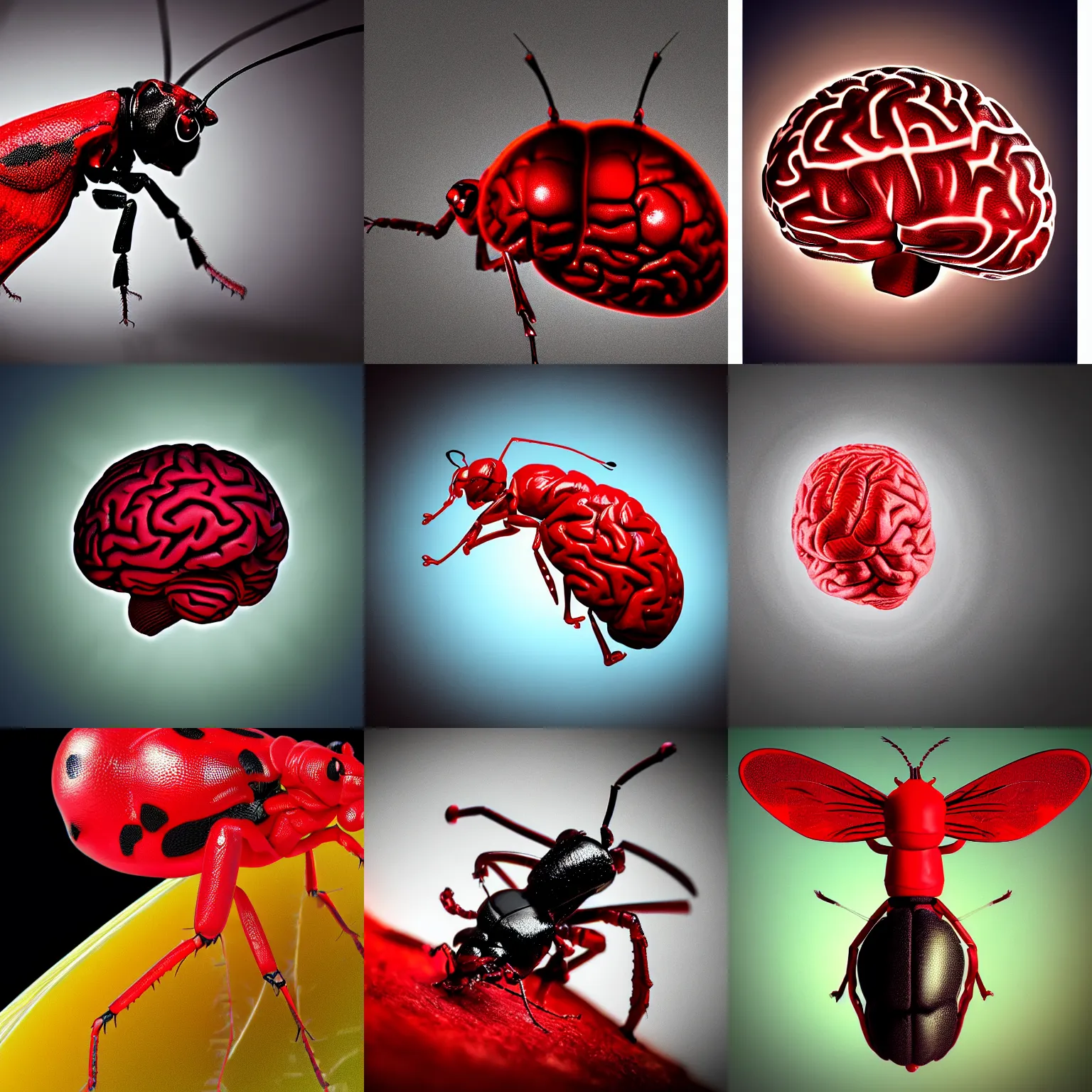 Prompt: brain shaped insect red black macro lens octane photorealistic in the style of kenneth scott