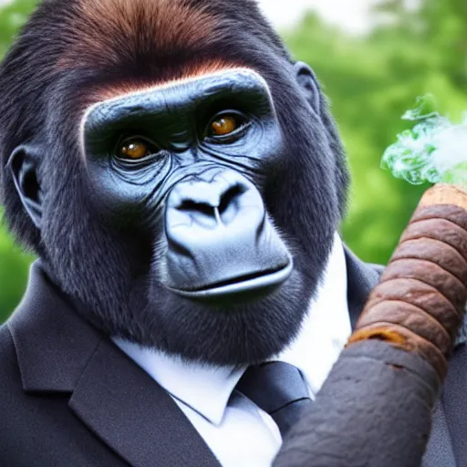 Image similar to a gorilla wearing a suit sitting on a chair smoking a cigar