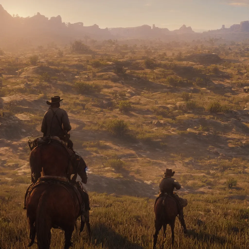 Prompt: Pre-rendered cutscene from Red Dead Redemption 2, wide open plains by greg rutkowski