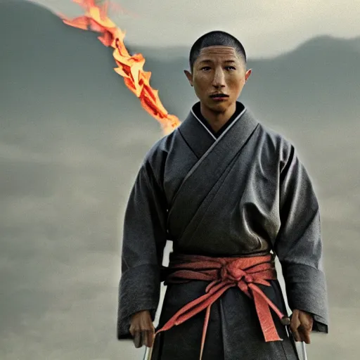 Image similar to cinematic film still Pharrell Williams starring as a Samurai holding fire, Japanese CGI, VFX, 2003, 40mm lens, shallow depth of field,film photography