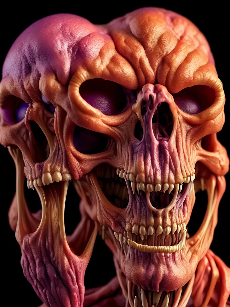 Prompt: hyperrealistic rendering, skeletor face by donato giancola and greg rutkowski and wayne barlow and zdzisław beksinski, product photography, action figure, sofubi, studio lighting, colored gels