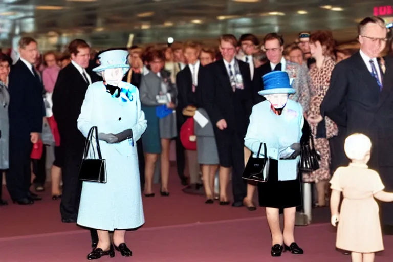 Prompt: the queen queue jumping the line at check in an airport