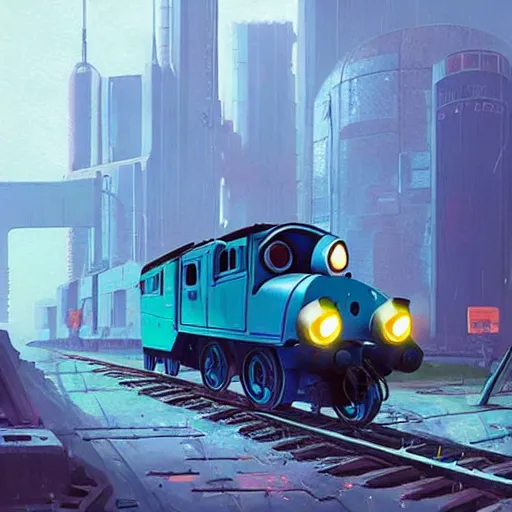 Prompt: cyberpunk thomas the tank engine, style of simon stalenhag