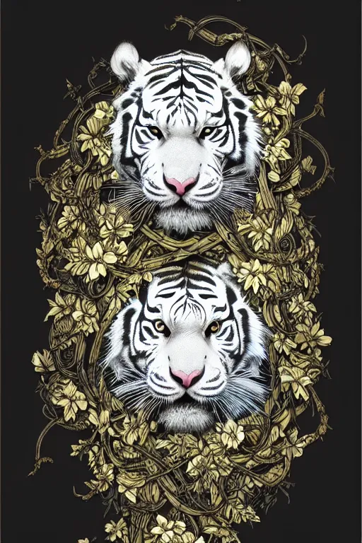 Image similar to ultra realistic full - body white tiger wrapped in vines and white flowers + black paper + elements + white + gold + cyan + baroque + rococo + ink, marc simonetti, paul pope, peter mohrbacher, detailed, intricate ink illustration