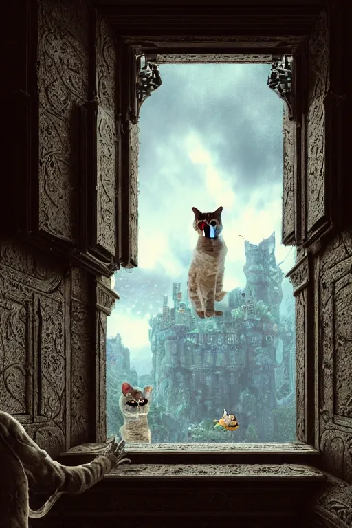 Image similar to humanoid cat looking out a castle window at his kingdom while a court jester waves at him, intricate detailed environment, photorealistic!, octane render, mechanical, concept art, cinematic lighting, digital art, interstellar, hyper realism, sharp, cyberpunk, 8 k, de dia los muertos. by angus mckie, moebius, maciej kuciara