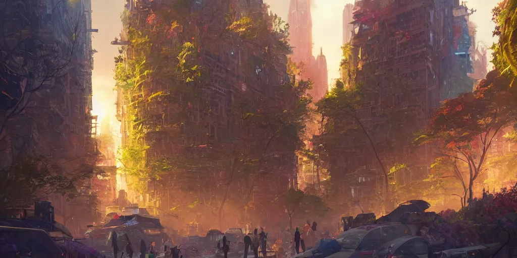 Prompt: a fantasy solarpunk new york city, landscape illustration by greg rutkowski, bright sunlight, sun glints, vivid and colorful trees and plants and flowers, smooth digital concept art, 4 k, trending on artstation