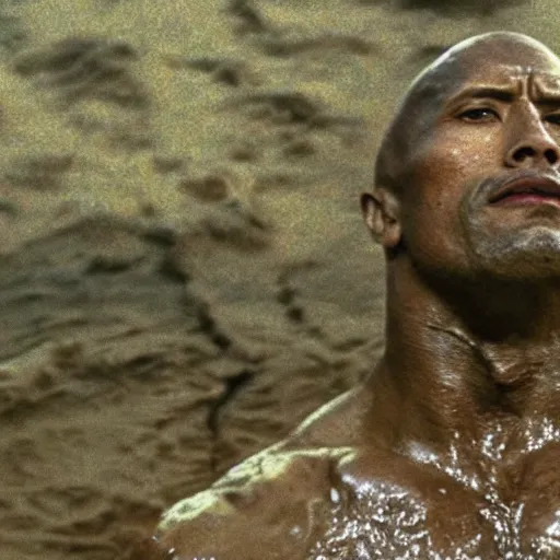 Image similar to film still, close up, dwayne johnson rising out of muddy vietnam river, face covered in mud, low camera angle at water level, night time, film still from apocalypse now ( 1 9 7 9 ), 2 6 mm